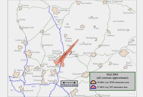 Stansted Averaged Noise Map for Mid-2003 including 50 dBA Leq contour as recommended in World Health Organisation Guidelines