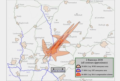 Stansted Averaged Noise Map for 2 Runways in 2030 including 50 dBA Leq contour as recommended in World Health Organisation Guidelines