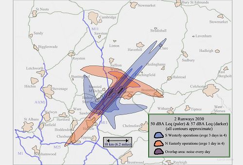 Stansted Noise Map for 2 Runways in 2030 with the two 'Modal Split' halves recombined to show the Total Area which gets Noise Nuisance at some time - including 50 dBA Leq contour as recommended in World Health Organisation Guidelines