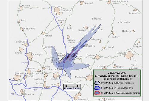 Stansted 'Modal Split' Noise Map for 2 Runways in 2030 when planes land from the NE and take off in the SW direction - including 50 dBA Leq contour as recommended in World Health Organisation Guidelines