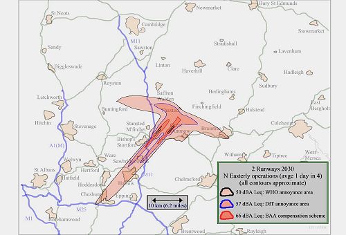 Stansted 'Modal Split' Noise Map for 2 Runways in 2030 when planes land from the SW and take off in the NE direction - including 50 dBA Leq contour as recommended in World Health Organisation Guidelines