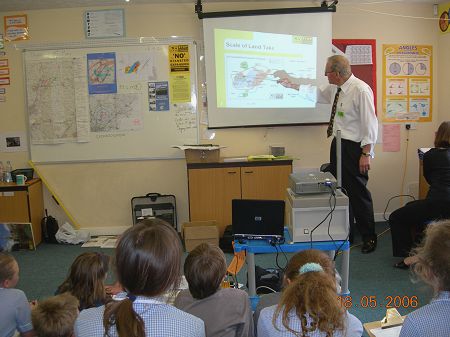 Children at St. Nicholas School, Old Harlow during a presentation by Ray Woodcock about Stansted Airport