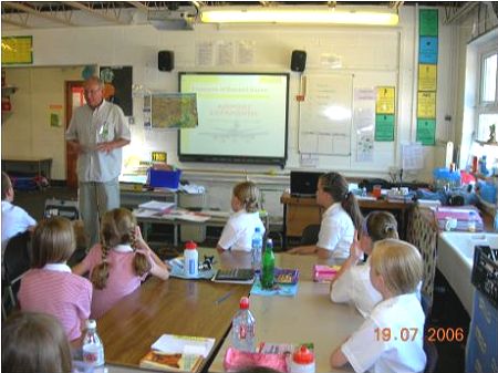 Children at St. James School, Harlow during a presentation by Ray Woodcock about Stansted Airport